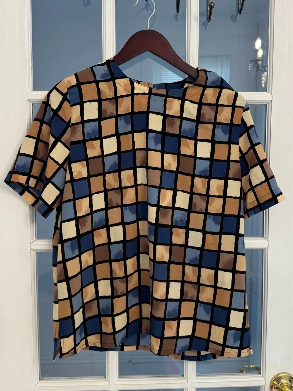 KATHY CHE Women’s 80s 90s Vintage Multicolor Checkered Short Sleeve Top Size S